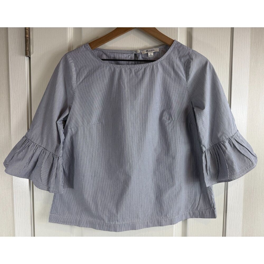 Madewell Women's Bell Sleeve Blouse Top Blue White Stripe Cotton Size XS